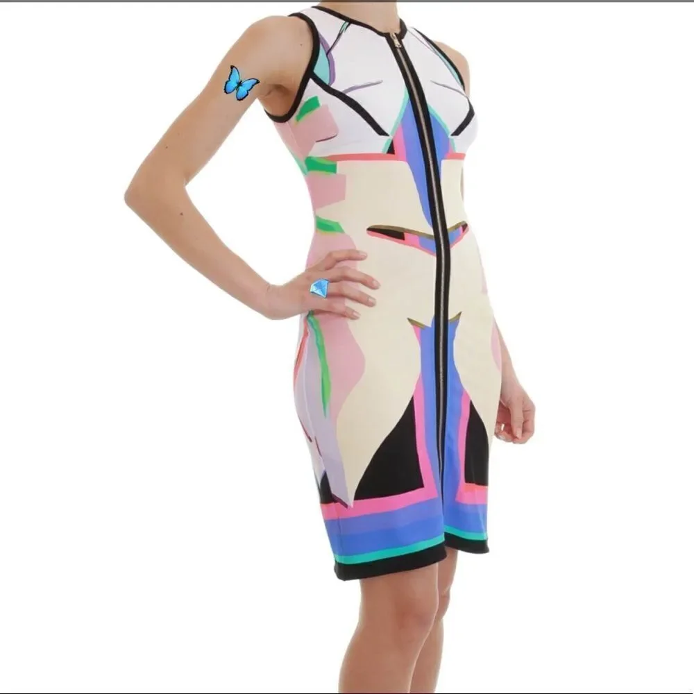 Roberto Cavalli Dress Front Zipper Detail Dress Multi Color Knee Length Size 44